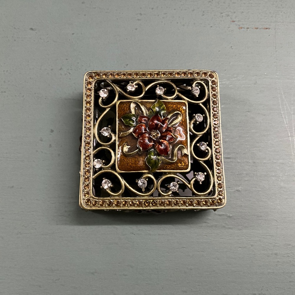 Vintage Style Filigree Square Trinket Box Enameled Floral Rhinestone Gold Tone